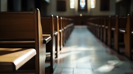 Fototapete - Interior of a serene church with wooden benches arranged neatly along a lightfilled aisle emphasizing tranquility : Generative AI