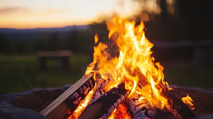 Leinwandbilder - Roaring campfire surrounded by logs creating a warm vibrant glow at sunset : Generative AI