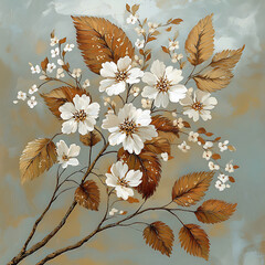 Wall Mural - Delicate white blossoms and small buds accent textured brown leaves on gently curving branches against an abstract muted background.