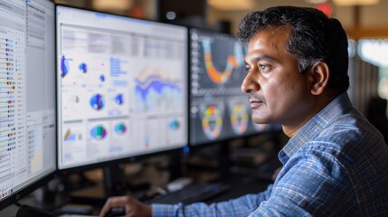 Leinwandbilder - A focused professional analyzes various graphical representations of data on multiple computer monitors in a modern office setting during daytime hours.