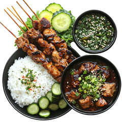 Wall Mural - Delicious grilled chicken skewers served with rice, fresh vegetables, and savory sauces create delightful meal experience. Enjoy vibrant flavors and textures