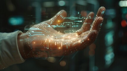 Aufkleber - A hand with glowing digital circuitry appears to project data in a high tech lab setting. The lighting creates an atmosphere of innovation and advanced technology.