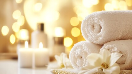 Poster - Cozy Spa Setting with Rolled Towels Candles and Elegant Background for Relaxation and Pampering : Generative AI