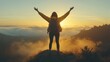 © Design By Reiga - Woman hiker celebrates sunset, mountaintop achievement