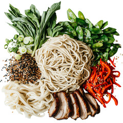 Wall Mural - Fresh noodles, vegetables, and sliced meat create vibrant, colorful dish. combination of textures and flavors showcases delicious meal, perfect for any occasion