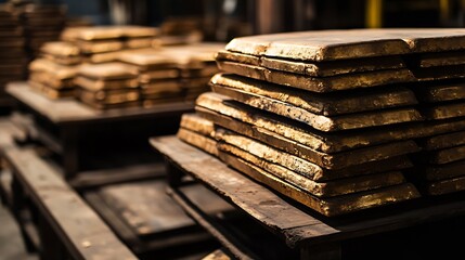 Fototapete - Stacks of Heavy Gold Bullion Bars Arranged on Shelves in Industrial Warehouse : Generative AI