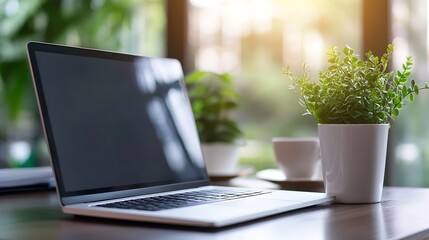 Modern workspace showcasing a laptop and decorative plants under natural light for a cozy atmosphere : Generative AI