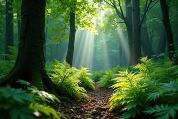 dappled shade beneath fern fronds on the forest floor, woodland, shade