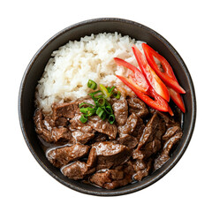 Wall Mural - Delicious beef stir fry served with white rice, red bell pepper, and green onions, creating vibrant and appetizing dish