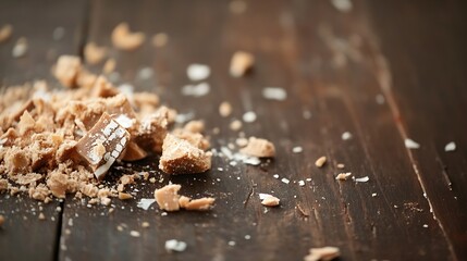 Poster - Crumbled Sweet Toffee Chunks on Rustic Brown Wooden Table Surface : Generative AI