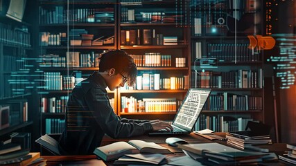 A student engages with advanced data science methods while studying amidst shelves of books and technology