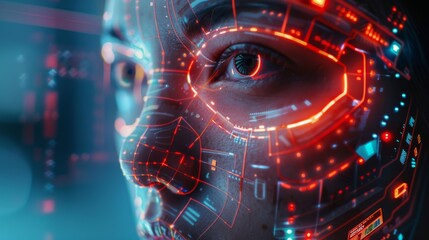 Leinwandbilder - This striking artwork showcases a close up of a person's face, illuminated by intricate red and blue digital patterns that suggest advanced technology and a cybernetic future.