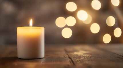 Poster - Elegant White Candle Lit Perfectly Against a Background of Blurred Warm Lights Creating a Cozy Ambiance : Generative AI