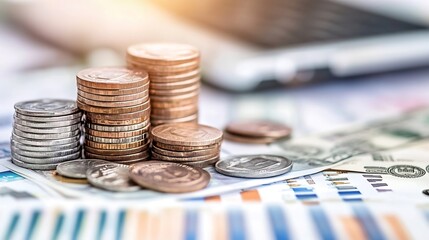 Poster - Stack of Coins and Dollar Bills on Financial Documents with Soft Lighting : Generative AI