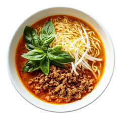 Wall Mural - Delicious bowl of ramen with ground meat, fresh basil, and bean sprouts, showcasing vibrant colors and textures. Perfect for comforting meal