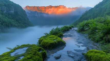 Canvas Print - Misty Mountain Valley at Sunrise