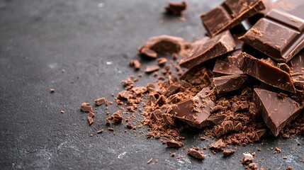 Poster - Delicious dark chocolate pieces stacked on a dark surface with cocoa flakes scattered around for an enticing treat : Generative AI