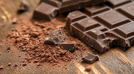 Aufkleber - Rich dark chocolate broken into pieces with cocoa powder on a rustic wooden surface showcasing indulgent dessert options : Generative AI