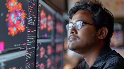 Leinwandbilder - A professional data analyst focuses intently on colorful visualizations displayed on multiple screens in a bright office setting, analyzing information for insights.