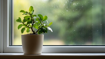 Poster - A vibrant potted plant sitting beautifully in a sunlit window with natural greenery surrounding it : Generative AI