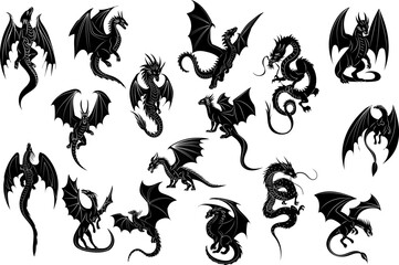 Wall Mural - dragons in different poses set black silhouette, vector