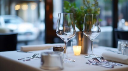Leinwandbilder - Elegant dining table set with crystal clear wine glasses and candlelight for a romantic dinner : Generative AI