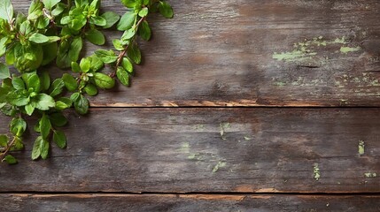 Poster - Fresh aromatic mint leaves spread over rustic wooden background : Generative AI