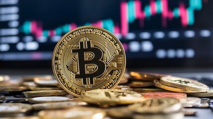 Leinwandbilder - Shiny Gold Bitcoin Cryptocurrency Coin on Laptop with Financial Charts in Background : Generative AI