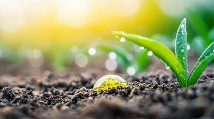 Poster - Acid rain climate change concept. Fresh green plant sprouting from soil with dew drops in bright sunlight.