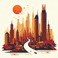 Poster - A Cityscape at Sunset or Dawn with Skyscrapers and Urban Landscape