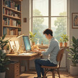 © Albait - Cozy Digital Artist Workspace with Rainy Day Ambiance  - work from home