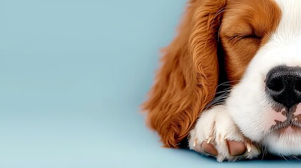 Wall Mural - A close-up of a sleeping dog with a peaceful expression against a soft blue background