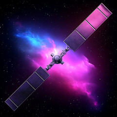 Wall Mural - futuristic satellite in orbit with solar panels against a colorful nebula backdrop in space