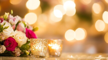 Poster - Charming bouquet of colorful roses with warm glowing candles creating a romantic atmosphere : Generative AI