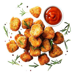 Poster - Crispy golden chicken nuggets with herbs, served with ketchup on transparency background. Perfect for snacks or appetizers, these delicious bites are sure to please