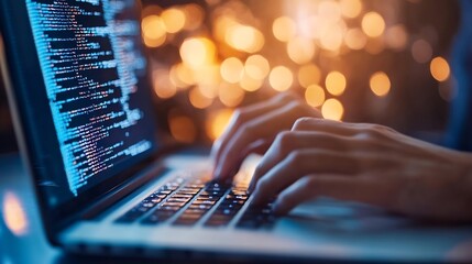 Leinwandbilder - Person typing on a laptop with colorful bokeh lights in the background creating a lively atmosphere : Generative AI