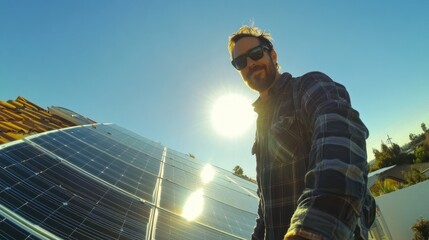 Solar installer inspecting panel array on bright rooftop under clear sky