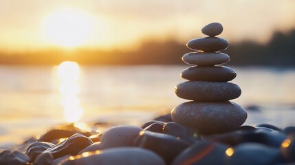 Fototapete - Stacked Stones by the Water at Sunset Creating a Peaceful and Serene Atmosphere : Generative AI