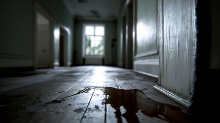 Aufkleber - Spooky abandoned hallway with eerie lighting and mysterious dark stains on the wooden floor : Generative AI