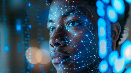 Aufkleber - A young individual is seen with a thoughtful expression while being surrounded by vibrant digital projections that resemble data patterns, suggesting advanced technology and innovation.