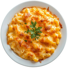 Wall Mural - Creamy macaroni and cheese topped with golden, crispy cheese and fresh parsley. comforting dish perfect for any meal