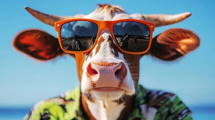 Wall Mural - Cow wearing sunglasses and a green shirt. The cow is looking at the camera. Scene is lighthearted and fun