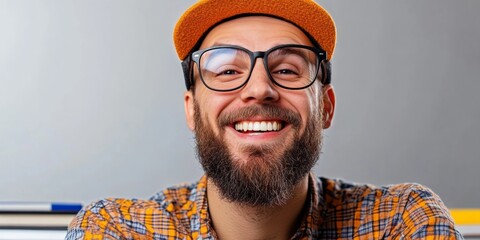 Wall Mural - Man with glasses and a hat is smiling and looking at the camera. He is wearing an orange hat and an orange shirt