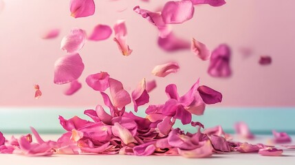 Wall Mural - Pink flower petals are falling from the sky, creating a sense of beauty and serenity