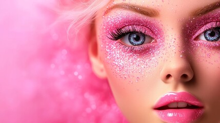 Wall Mural - Woman with pink hair and blue eyes is wearing pink makeup. The makeup is glittery and sparkly, giving her a glamorous and eye-catching appearance