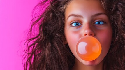 Wall Mural - Girl with long hair is blowing bubbles. The bubbles are orange and the girl is looking at the camera