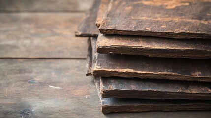 Aufkleber - Neatly stacked rustic wooden boards showing rich textures and natural color variations : Generative AI