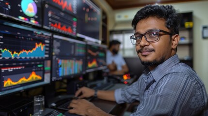 Aufkleber - In a modern trading environment, two individuals focus on analyzing financial charts and data on large screens, immersed in the world of stock market trading and analysis.