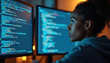 Young african woman software engineer coding at dual monitor setup. Focused programmer immersed in work. Digital data on computer screen. Pro developer busy in workspace. Concentration,