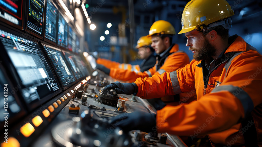 Control room of offshore drilling with workers in safety gear operating ...